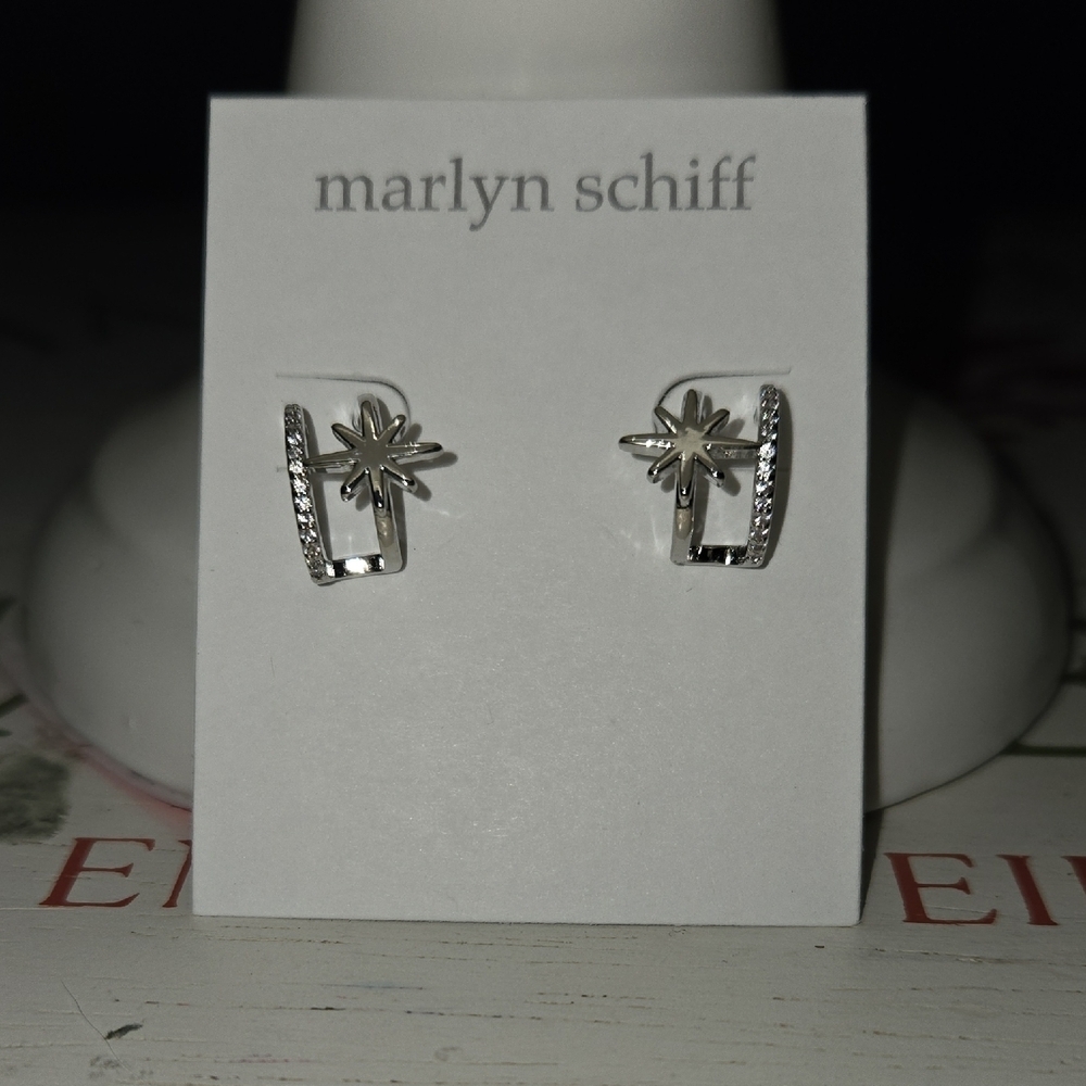 Marlyn Schiff Silver and Crystal Starburst Double Post Hoop Earrings